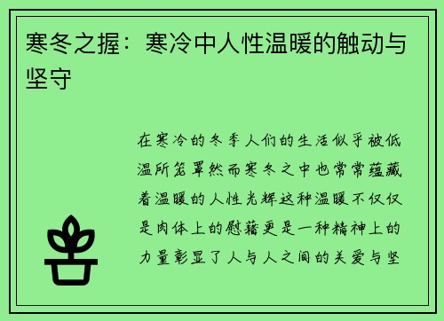 寒冬之握：寒冷中人性温暖的触动与坚守